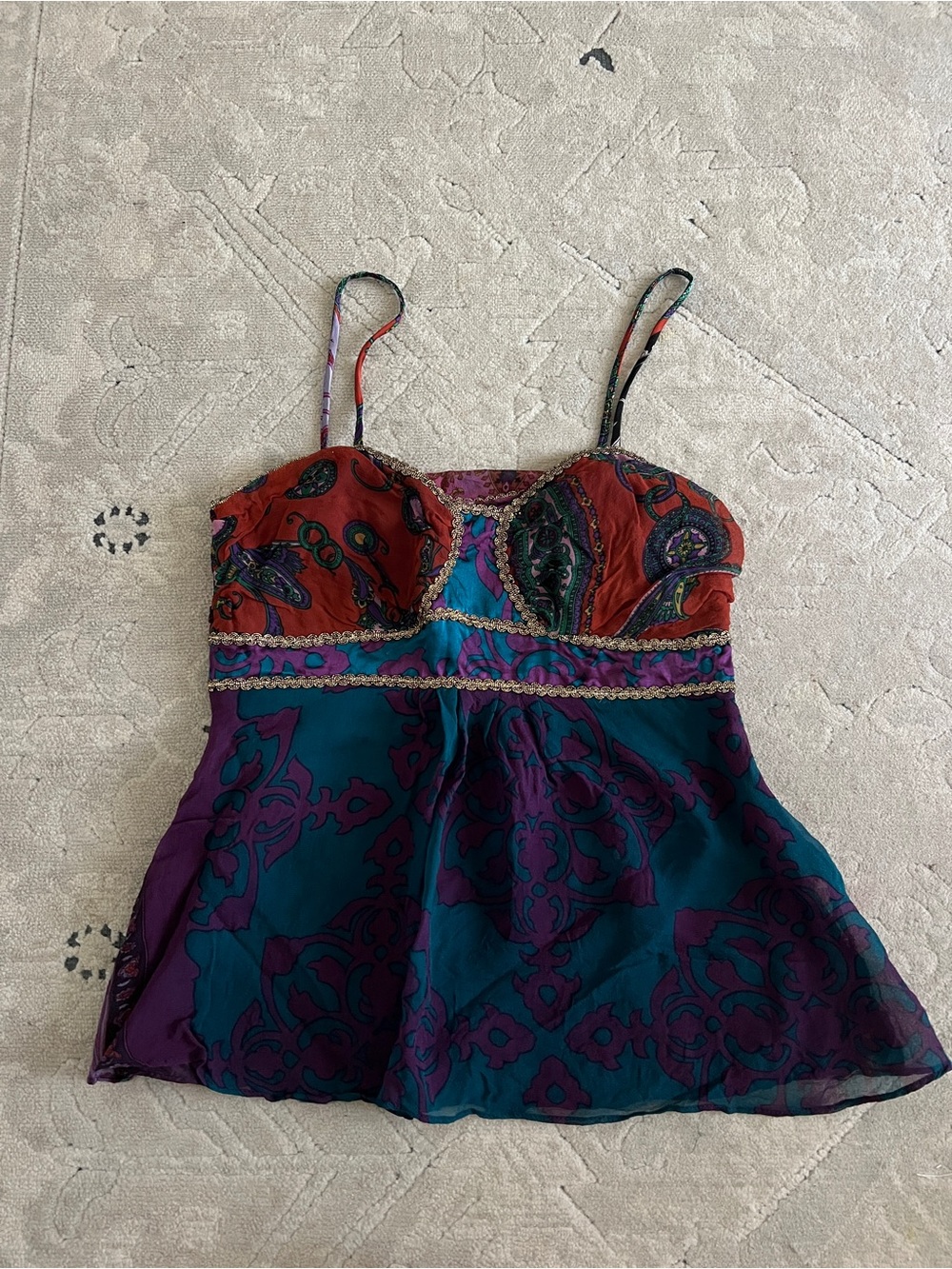 Alice & Trixie Multicolor Paisley Spaghetti-Strap Cami — Teal, Purple & Red
